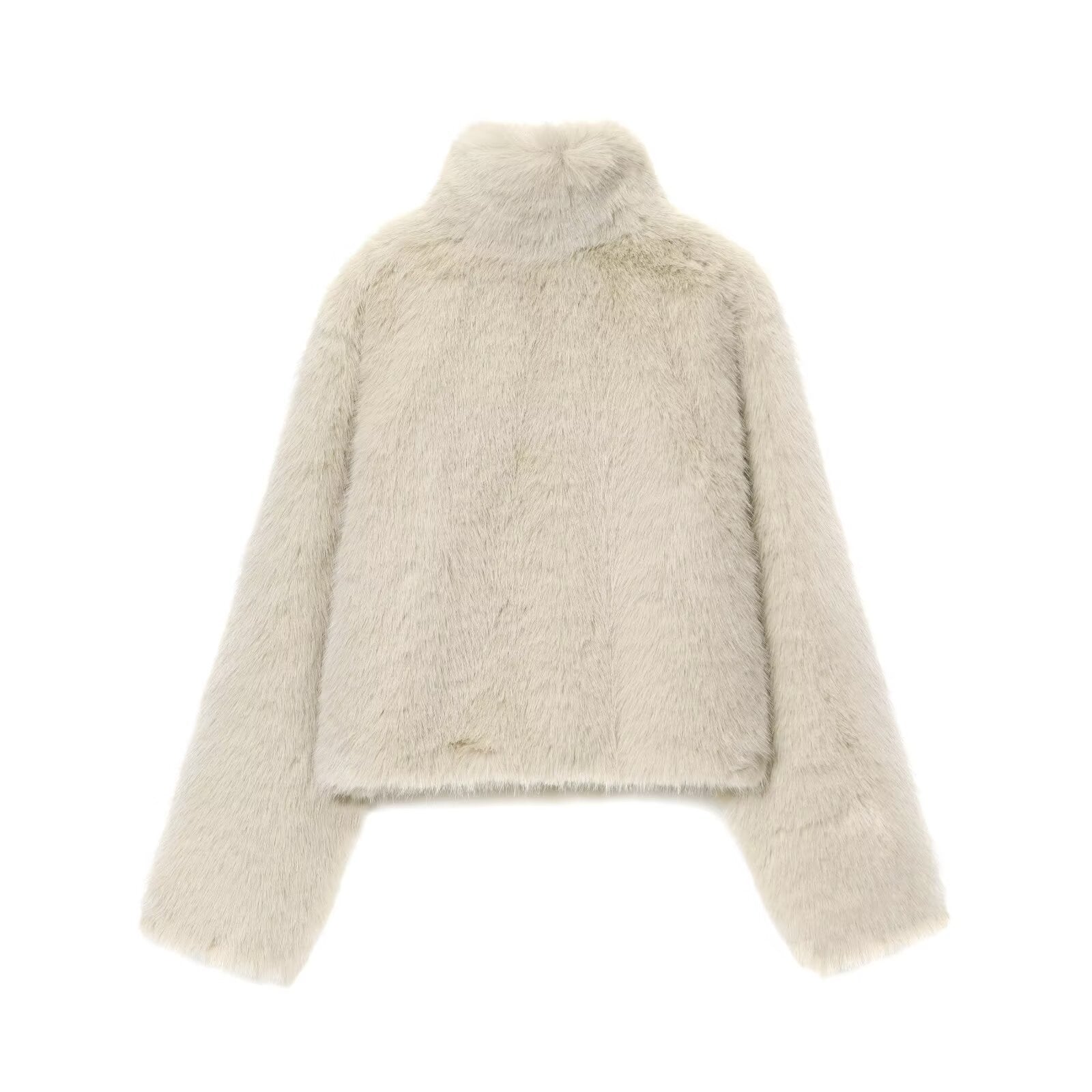 Cream-colored fluffy faux fur Langry fashion short coat with high collar