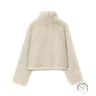 Cream-colored faux fur effect short coat with high collar and long sleeves