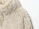 Cream faux fur jacket with hood and textured details