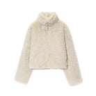 Cream faux fur cropped jacket with high collar and long sleeves