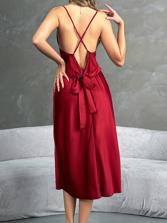 Deep red satin midi nightdress with crisscross back and bow detail