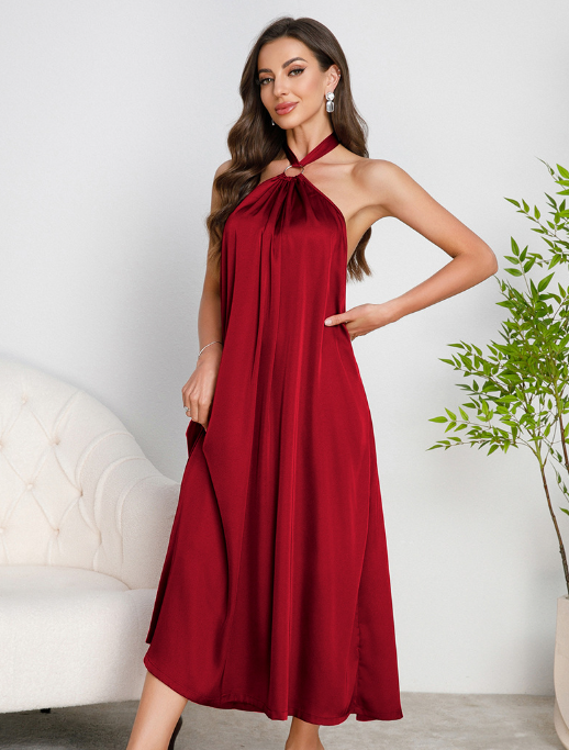 Elegant deep red satin halter-neck midi dress in langry fashion ملابس