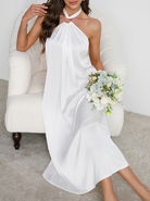Elegant langry fashion ملابس: white satin halter nightdress with pleats