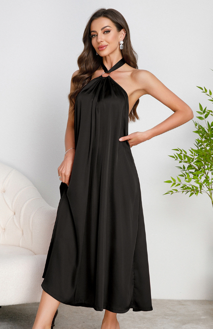 Black satin halter-neck midi dress with draped front and side slit in langry fashion