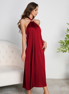 Elegant langry fashion deep red satin halter-neck midi dress