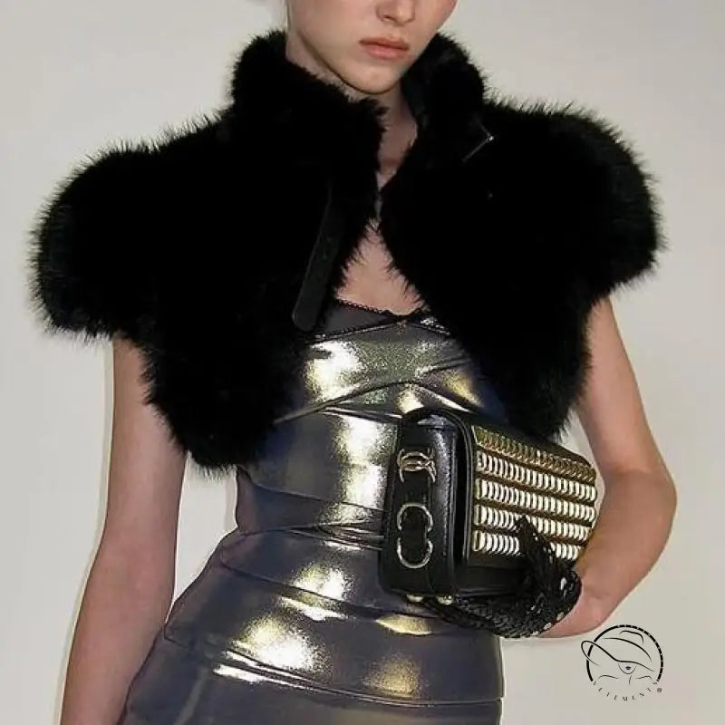 Winter furry short cropped Langry fashion silver dress with fur trim and belt