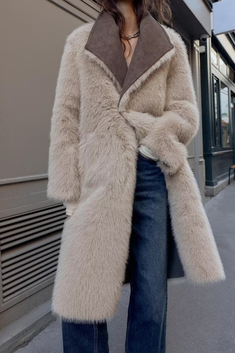 Beige faux fur langry fashion coat with brown suede collar