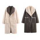 Cozy Wild beige faux fur coat with brown leather collar, langry fashion ملابس