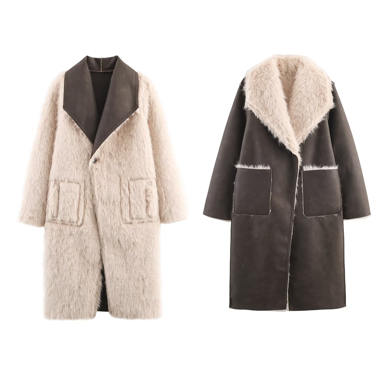 Cozy Wild beige faux fur coat with brown leather collar, langry fashion ملابس