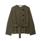 Olive green textured Langry cardigan with bow waist and regular sleeve