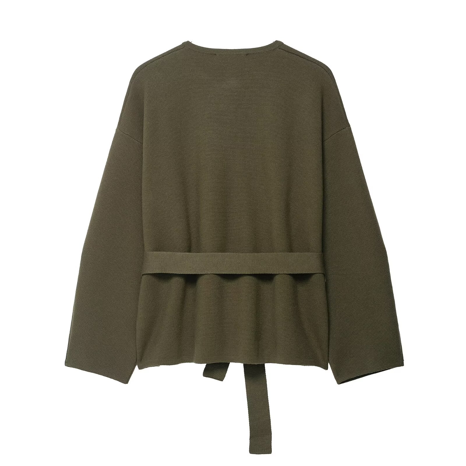 Olive green peplum top with tie waist and long regular sleeves in fashion