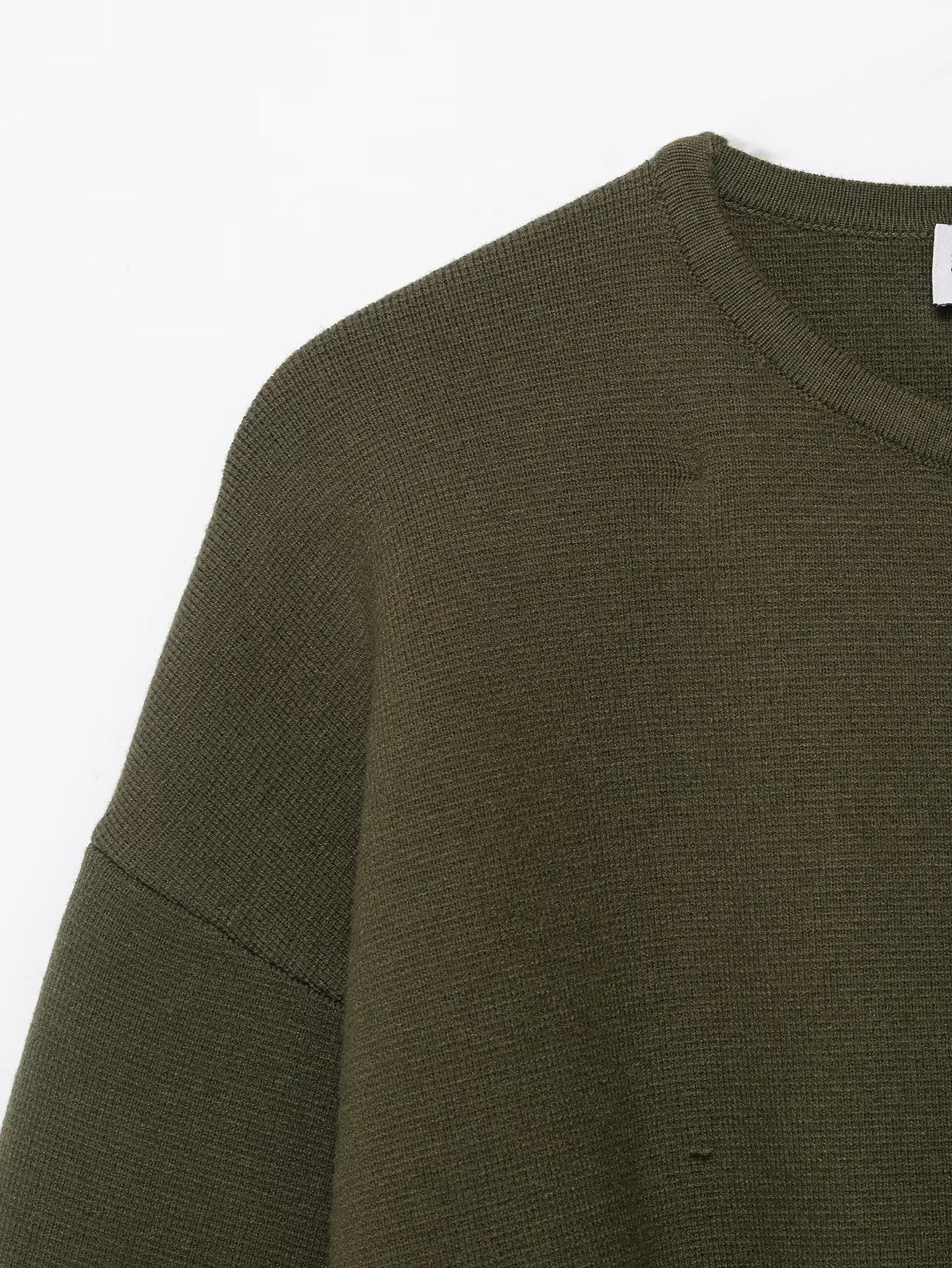 Olive green ribbed knit crew neck sweater with regular sleeve