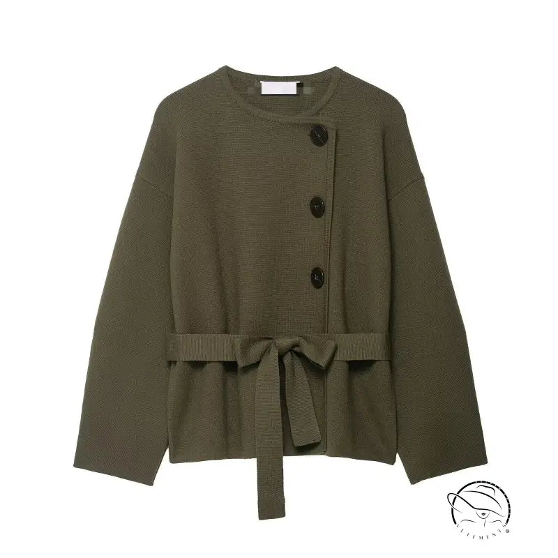 Olive green textured langry fashion cardigan with regular sleeve and bow detail