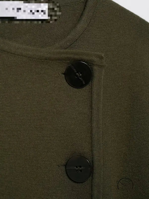 Olive green button-up knitted sweater with regular sleeve, black buttons, ribbed neckline