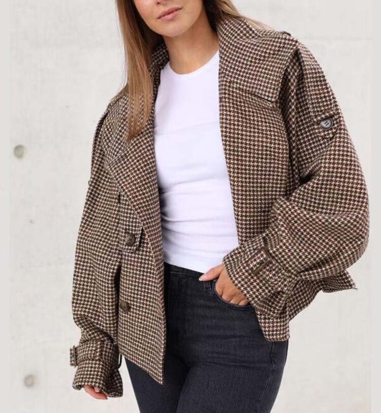 Langry fashion brown white houndstooth woolen blazer with jeans