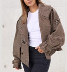 Langry fashion brown white houndstooth woolen blazer with jeans