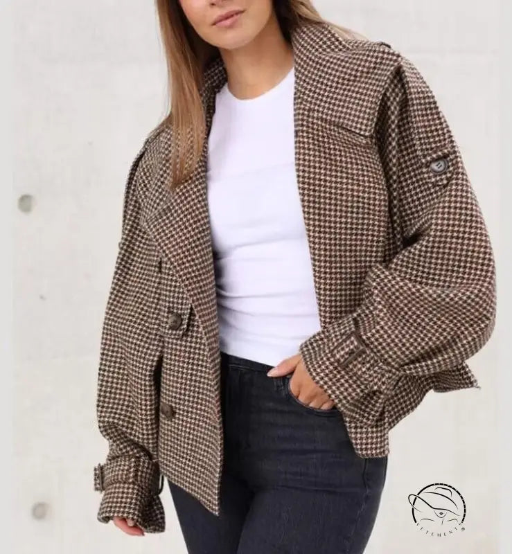 Winter retro plaid woolen houndstooth blazer with oversized sleeves