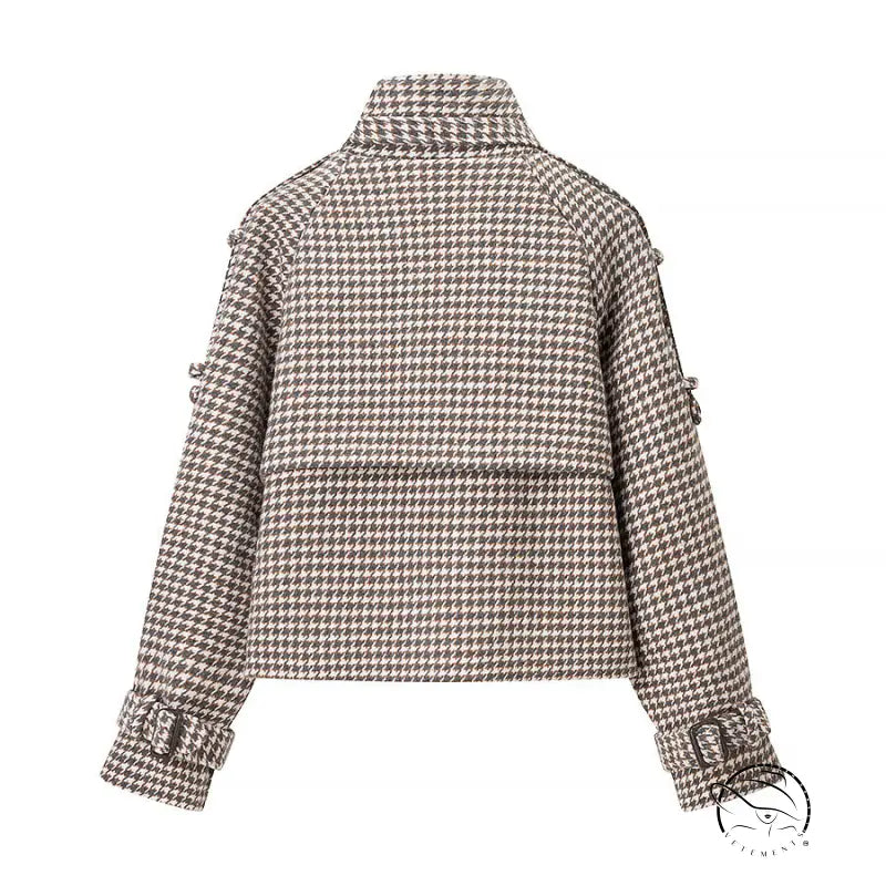 Winter retro plaid woolen button short trench coat with houndstooth pattern