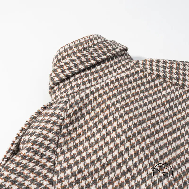 Winter retro plaid woolen houndstooth jacket in brown and cream