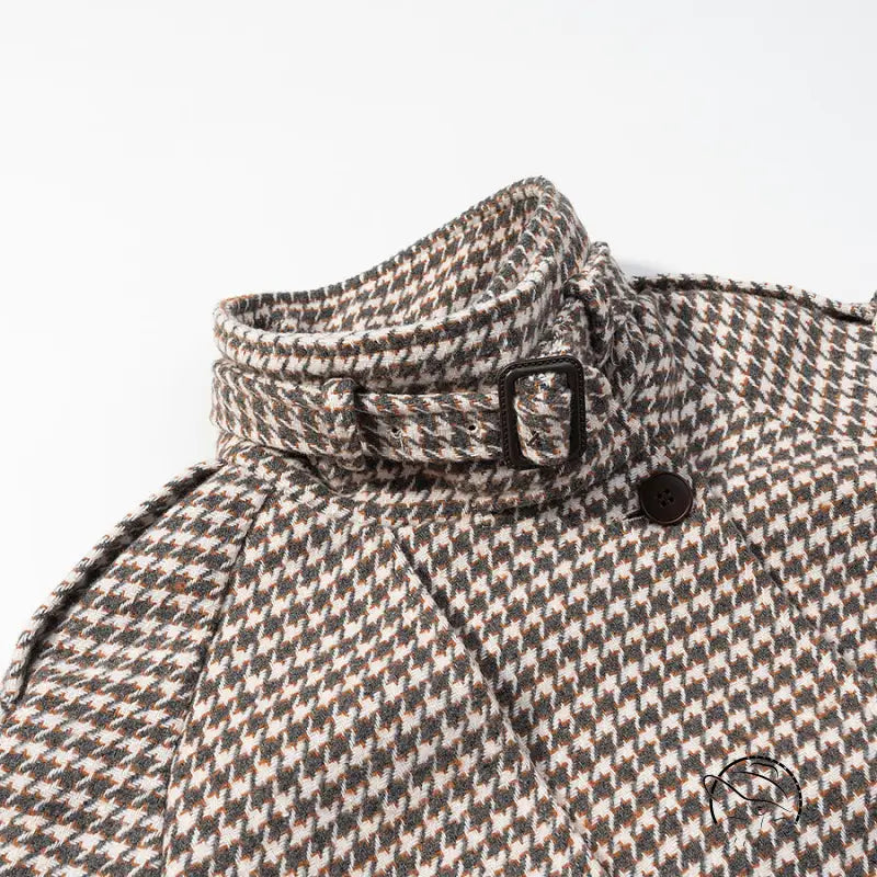 Winter retro plaid woolen houndstooth coat with button closure