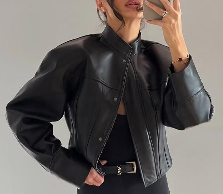 Stylish Langry faux leather jacket with cropped design, button closure, and pockets