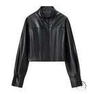 Stylish short faux leather jacket with high collar and zipper
