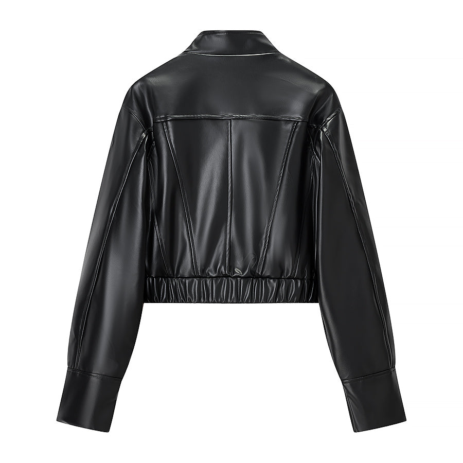 Stylish Langry faux leather jacket with cropped design and stand-up collar