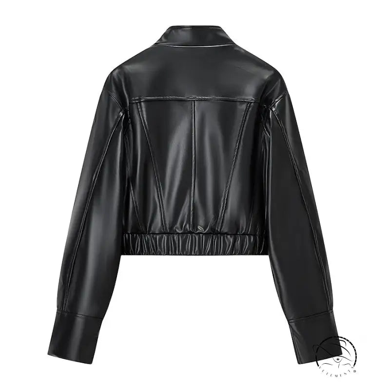Stylish faux leather jacket with cropped design and stand-up collar