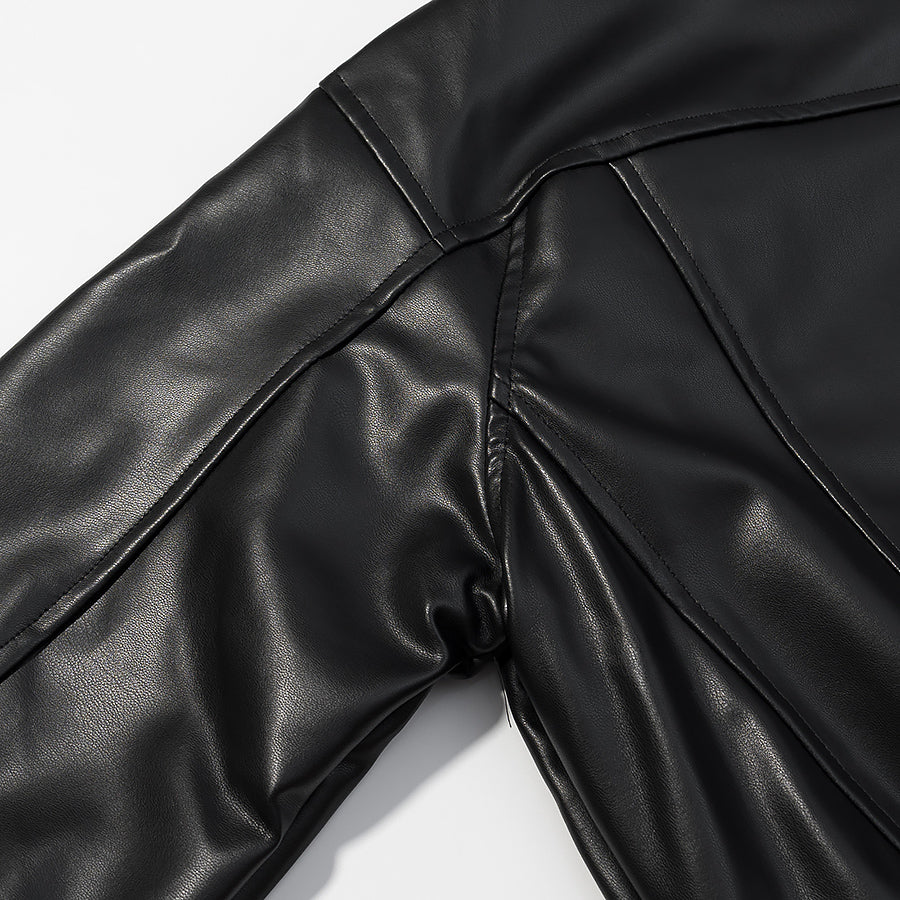Langry faux leather jacket with shiny black pants and elastic waistband