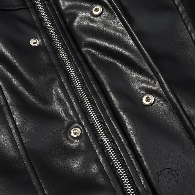 Stylish simple short faux leather jacket with silver hardware and zipper details