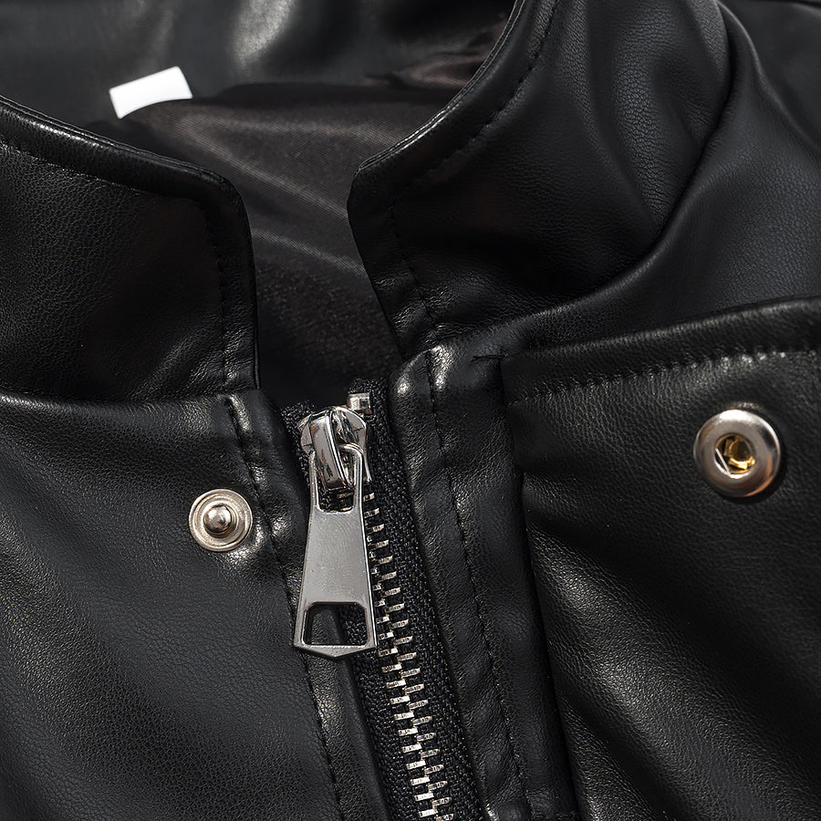 Stylish simple short faux leather jacket with silver zipper and buttons by Langry