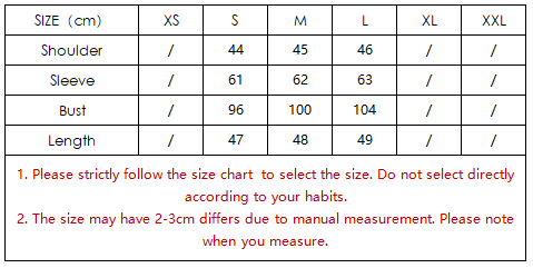 جدول مقاسات جاكيت Langry المصنوع من الجلد الصناعي مع نص أسود وخطوط حمراء