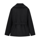 Elegant black wool coat with double-breasted front and belt, langry fashion