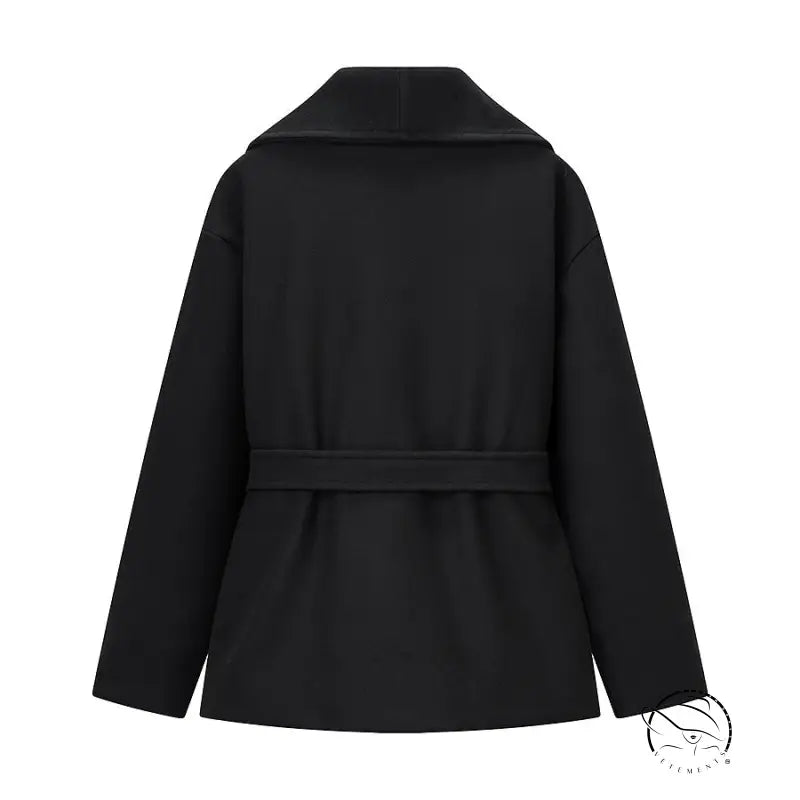 Black double-breasted elegant woolen coat with belt detail