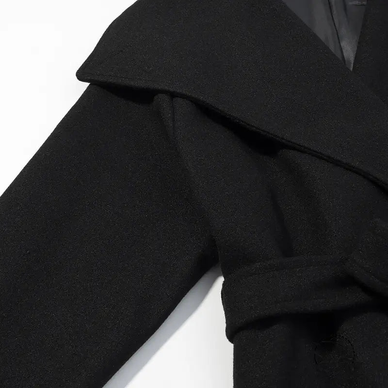Black elegant woolen coat with ruffled sleeves and lapel collar