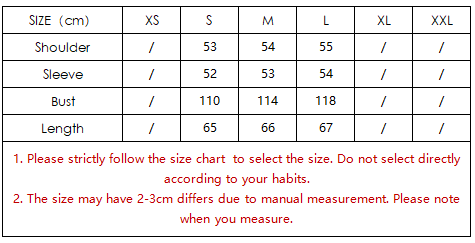 جدول مقاسات الملابس Langry fashion باللونين الأبيض والأسود بالسنتيمتر للمعطف الصوفي الأنيق.