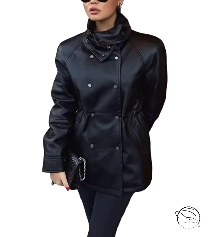 Langry faux leather coat with high collar and button details