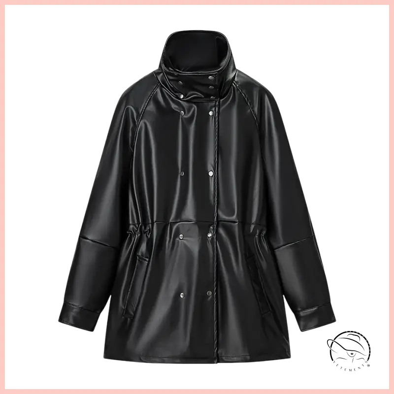 Langry faux leather coat with high collar and button details