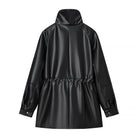 Sleek faux leather Langry fashion coat with high collar and drawstring hem