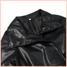 Black glossy faux leather coat with hood and snap buttons by Langry