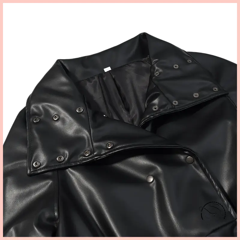 Black glossy faux leather coat with hood and snap buttons by Langry