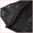 Black glossy faux leather coat with button closure and drawstring hem by Langry