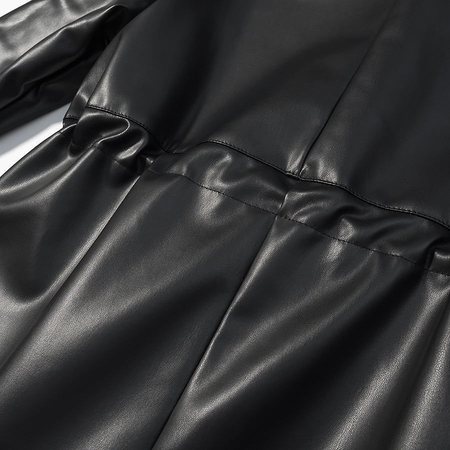 Langry faux leather casual drawstring waist coat with shiny finish and pocket detail