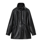 Langry faux leather jacket with high collar, buttons, and drawstring waist