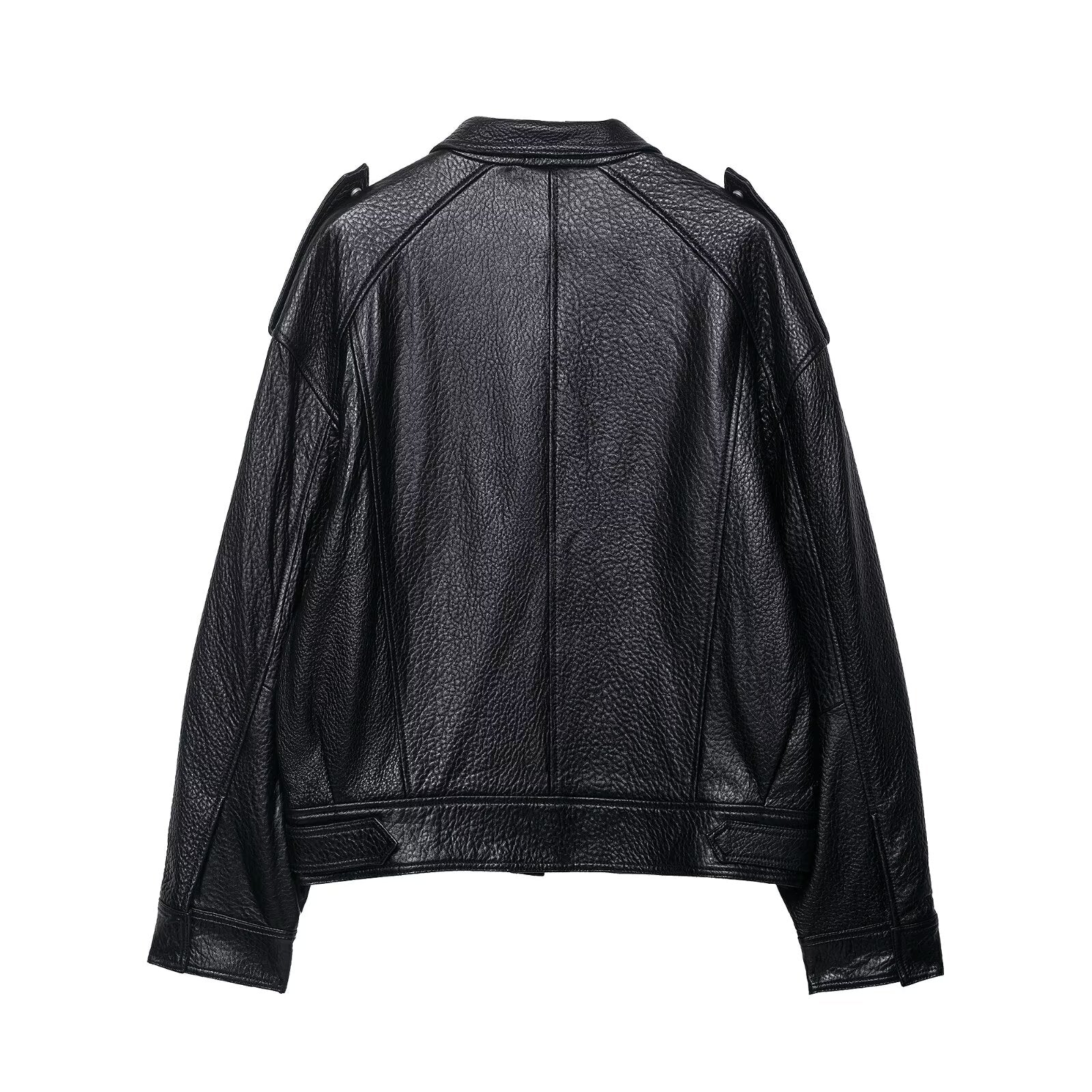 Elegant drop shoulder faux leather Langry bomber jacket with cut-out textured shoulders