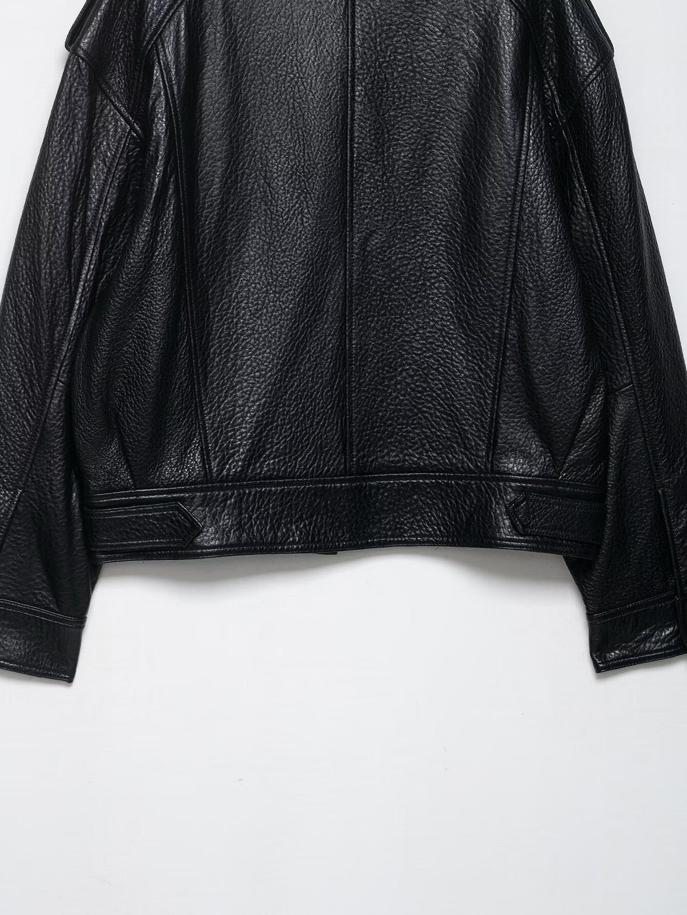 Elegant Langry faux leather drop shoulder zipper bomber jacket with structured shoulders