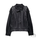 Elegant drop shoulder faux leather bomber jacket by Langry with distressed texture and zipper detail