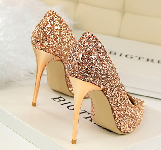 Elegant Langry fashion peep-toe gold glitter stiletto heel pump
