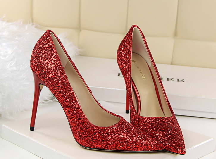 Langry elegant red glitter high heel pumps with pointed toes and thin straps in fashion