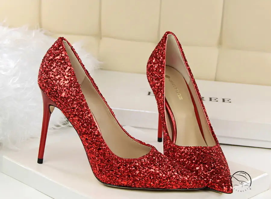 Elegant langry red glitter high heel pumps with pointed toes and thin straps